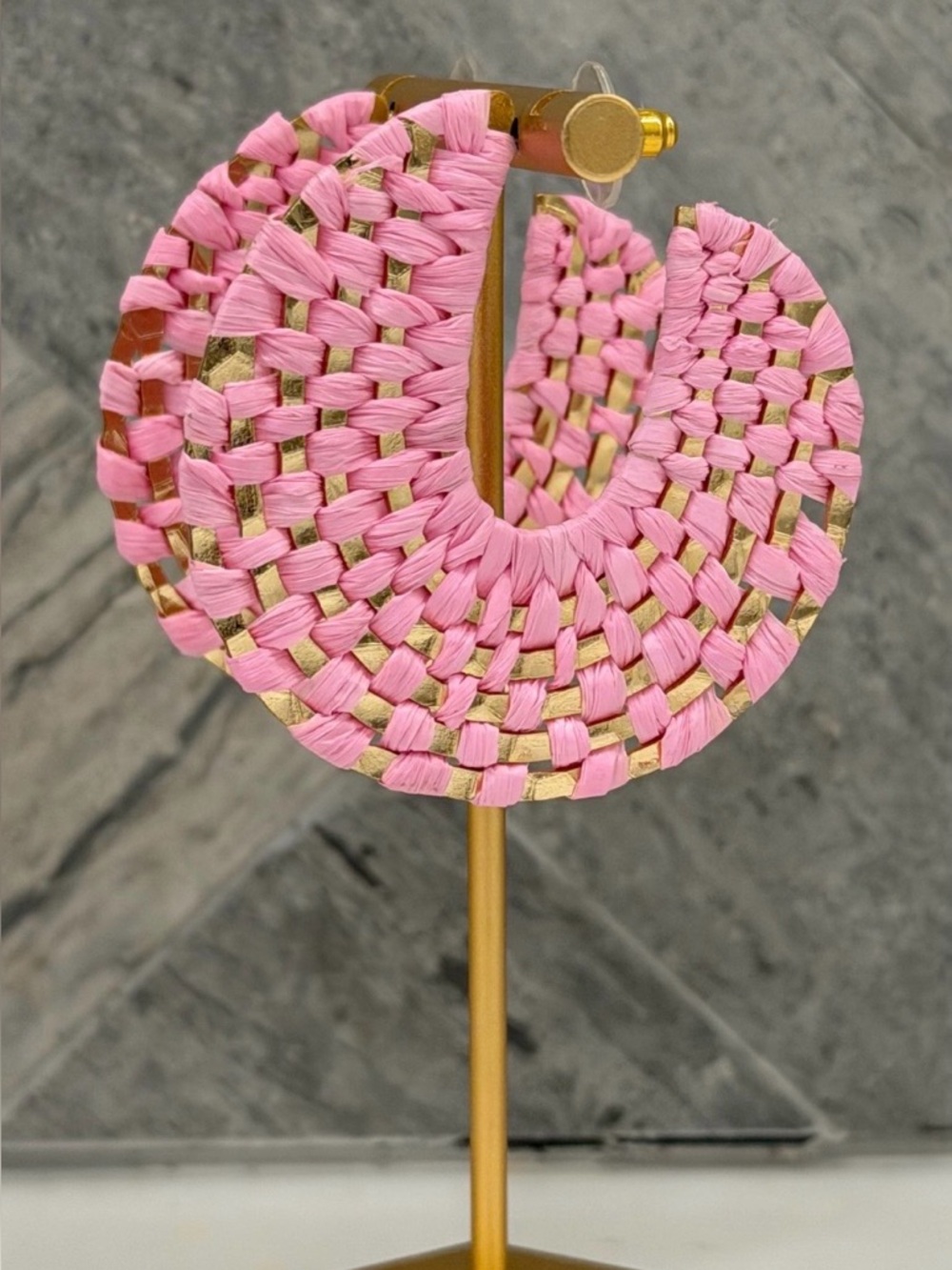 Pink Raffia Wrapped Gold Hoop Earrings